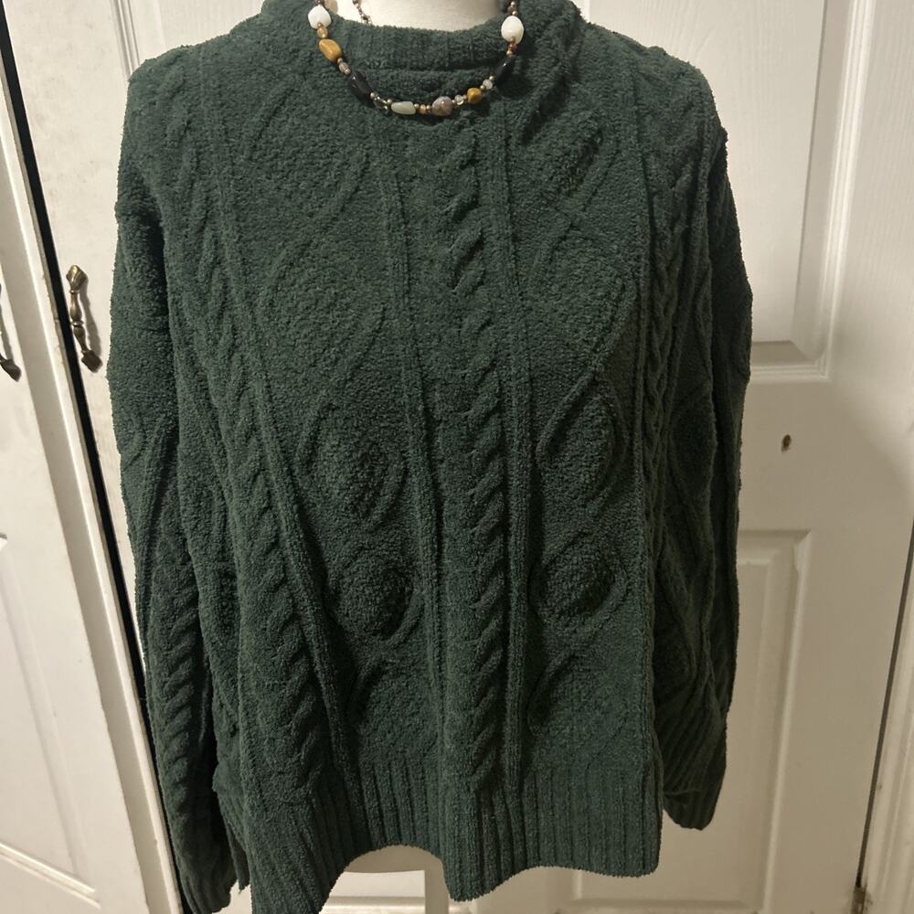 P.J. Salvage Women’s L Cable knit Sweater crew soft forest fisherman green